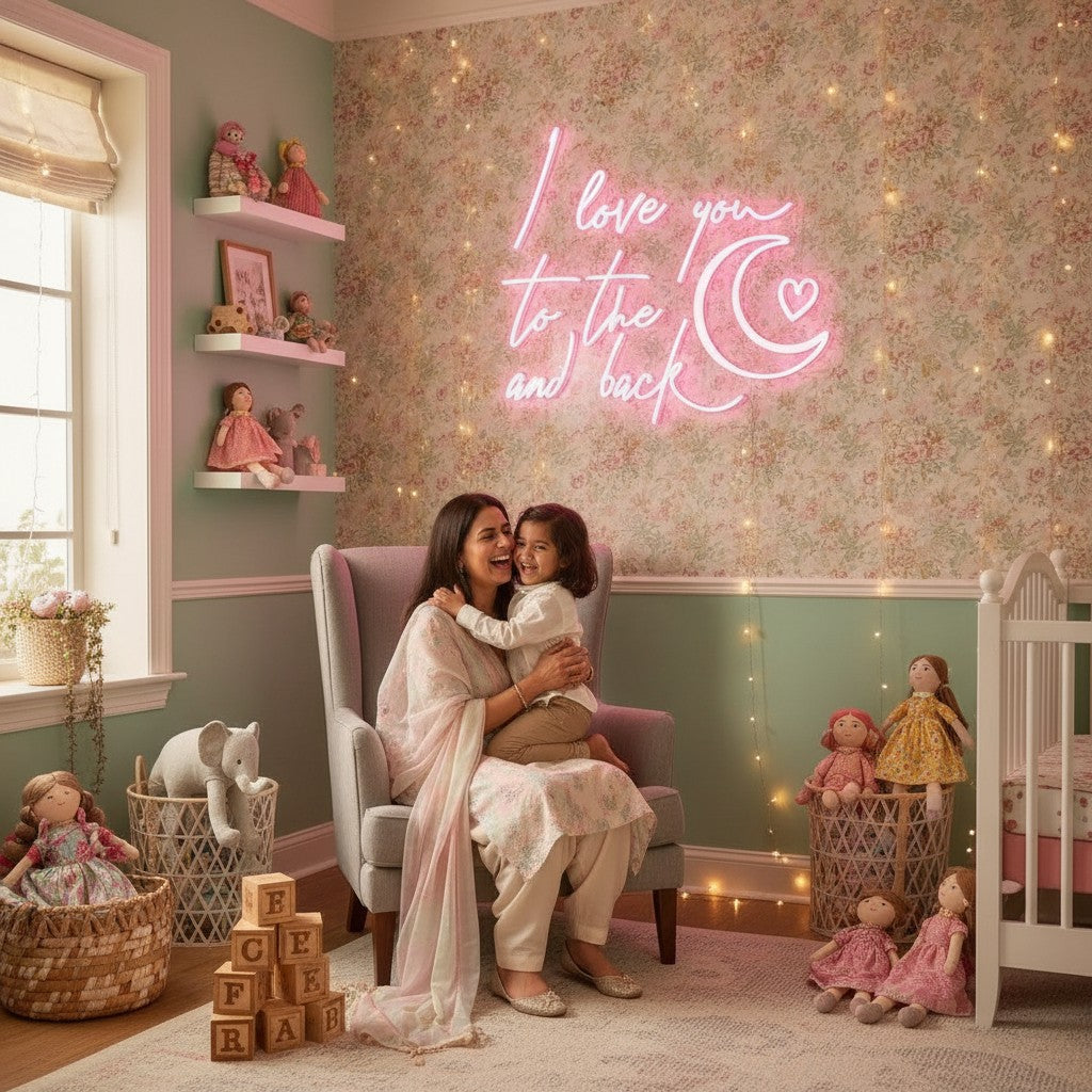 Lux Neon "I love you to the moon and back" pink neon sign above a couple on a couch.