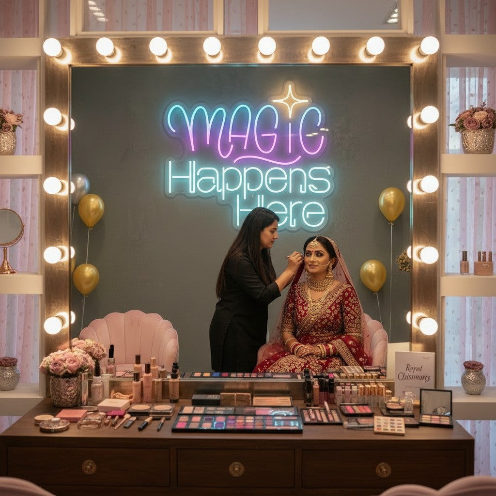 Lux Neon "Magic Happens Here" neon sign in a boutique with women in colorful saris.