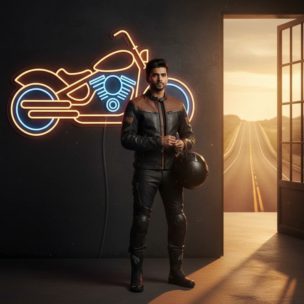 Lux Neon motorcycle neon sign with orange outline and blue engine detail, perfect for garages or gaming rooms.