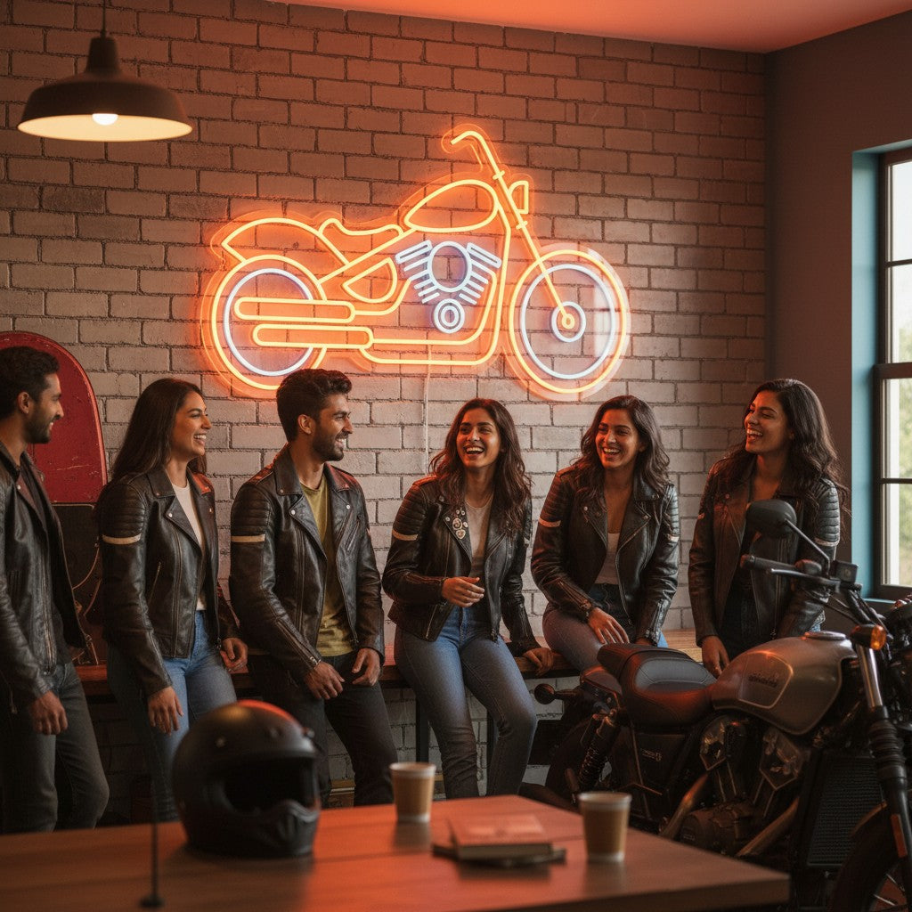 Lux Neon motorcycle neon sign with orange outline and blue engine detail. Perfect for garages and gaming rooms.