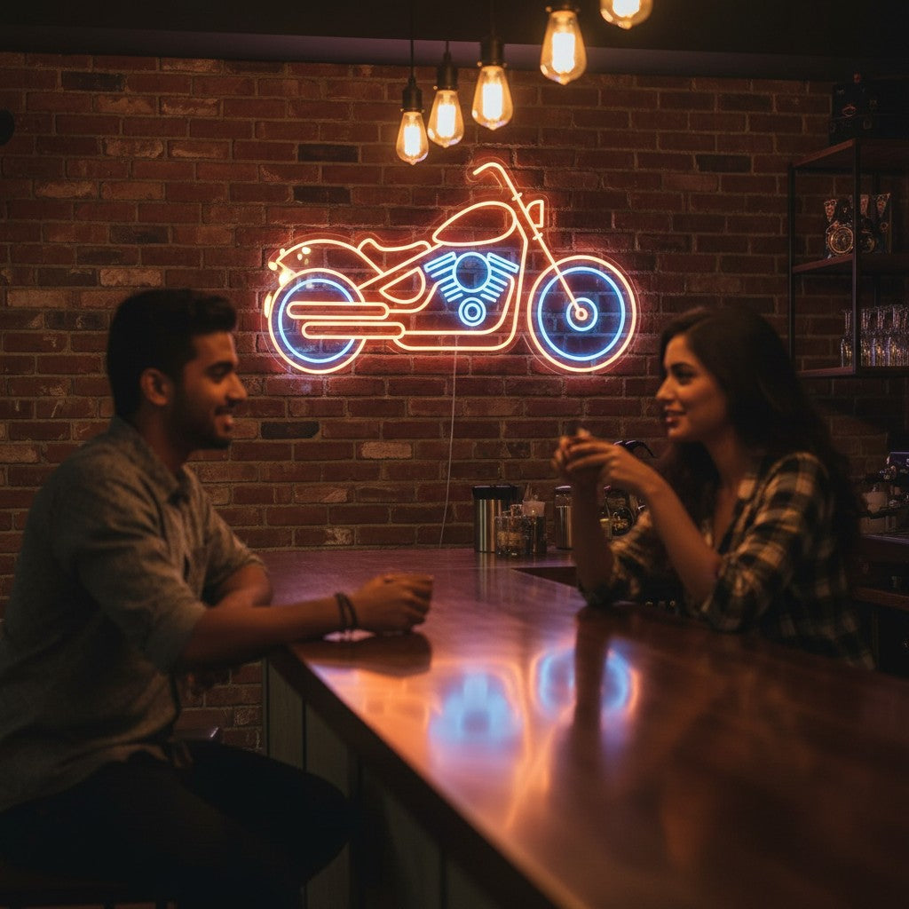 Lux Neon motorcycle neon sign with orange outline and blue engine detail. Perfect for garages and gaming rooms.