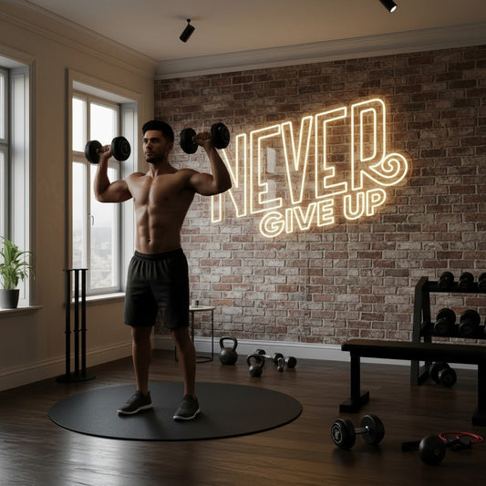 Lux Neon "Never Give Up" white LED neon sign mounted above a bed in a bedroom.