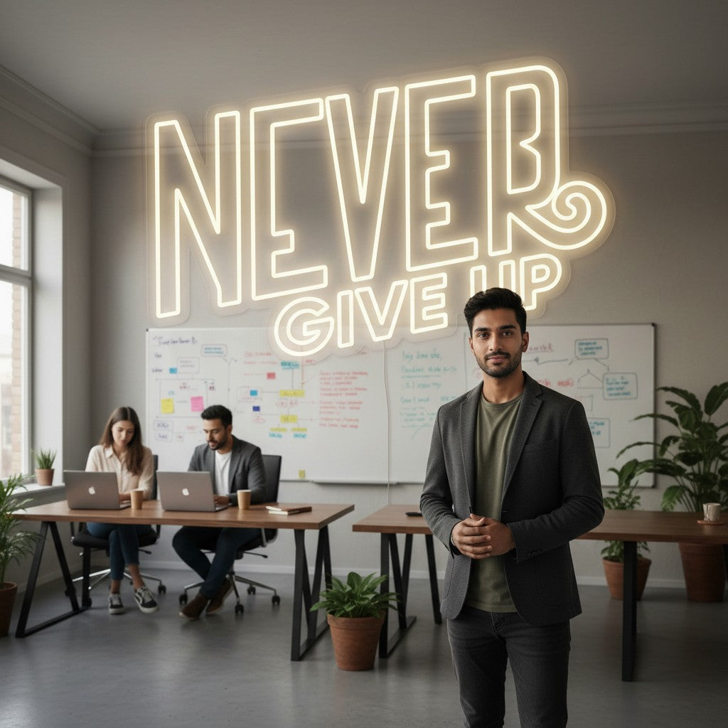 Lux Neon "Never Give Up" LED neon sign in warm white, mounted above a bed.