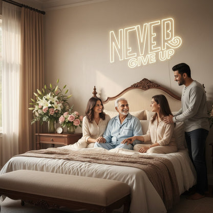 Lux Neon "Never Give Up" neon sign in warm white LED, displayed in a modern office setting with a man standing in front.