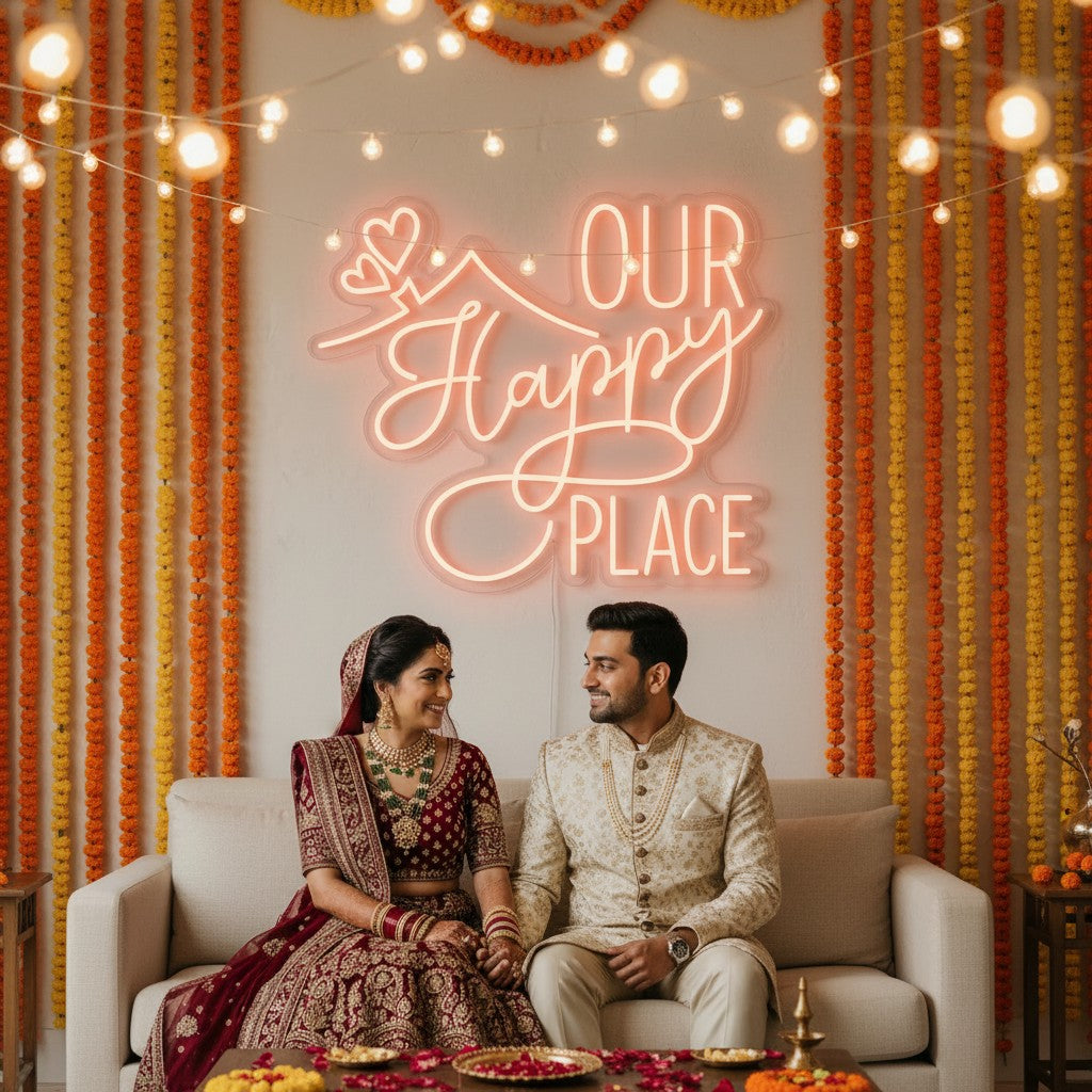Lux Neon "Our Happy Place" neon sign in peach glow, featuring script font and heart detail above a bed.