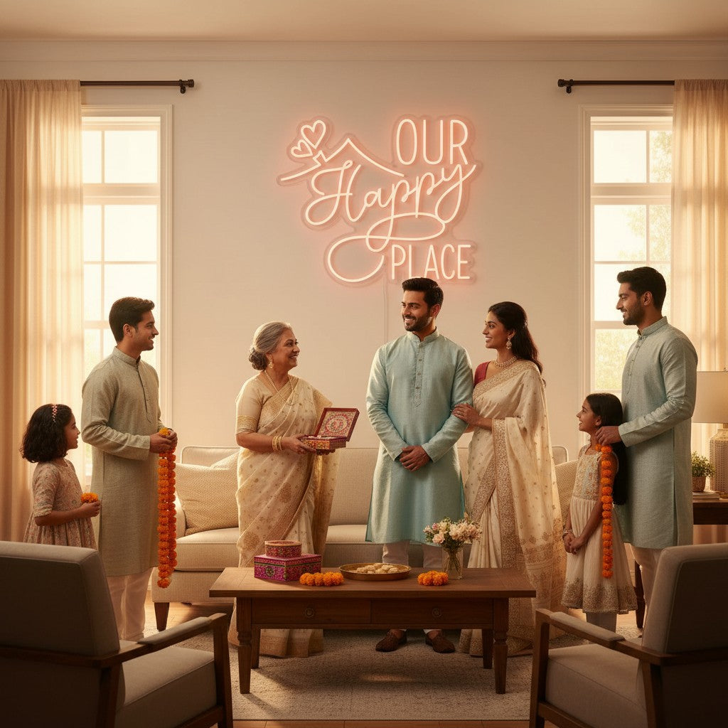 Lux Neon "Our Happy Place" neon sign in peach glow, featuring script font and heart detail above a bed.