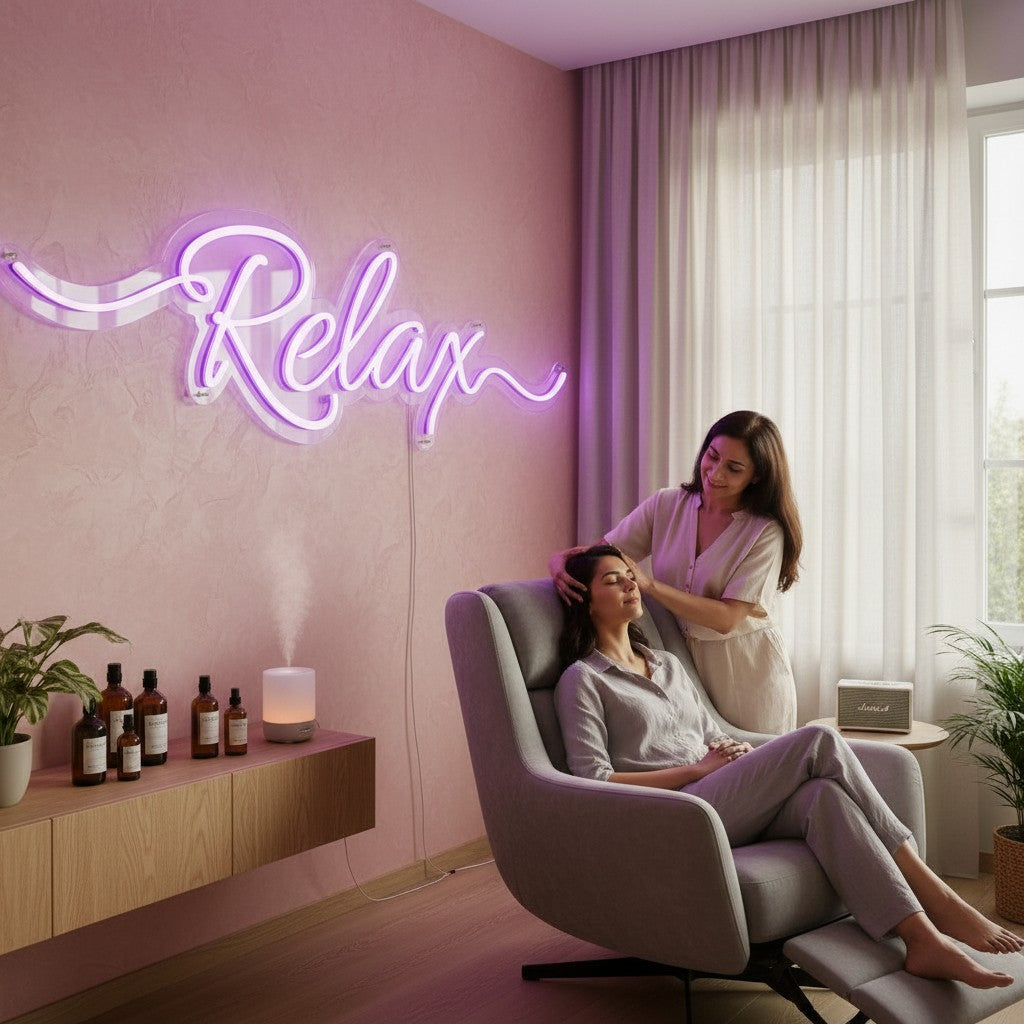 Lux Neon Relax neon sign in purple, illuminating a family on a couch.