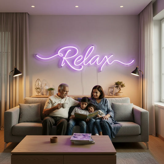Lux Neon purple neon 'Relax' sign mounted above a bed in a bedroom. Modern decor.