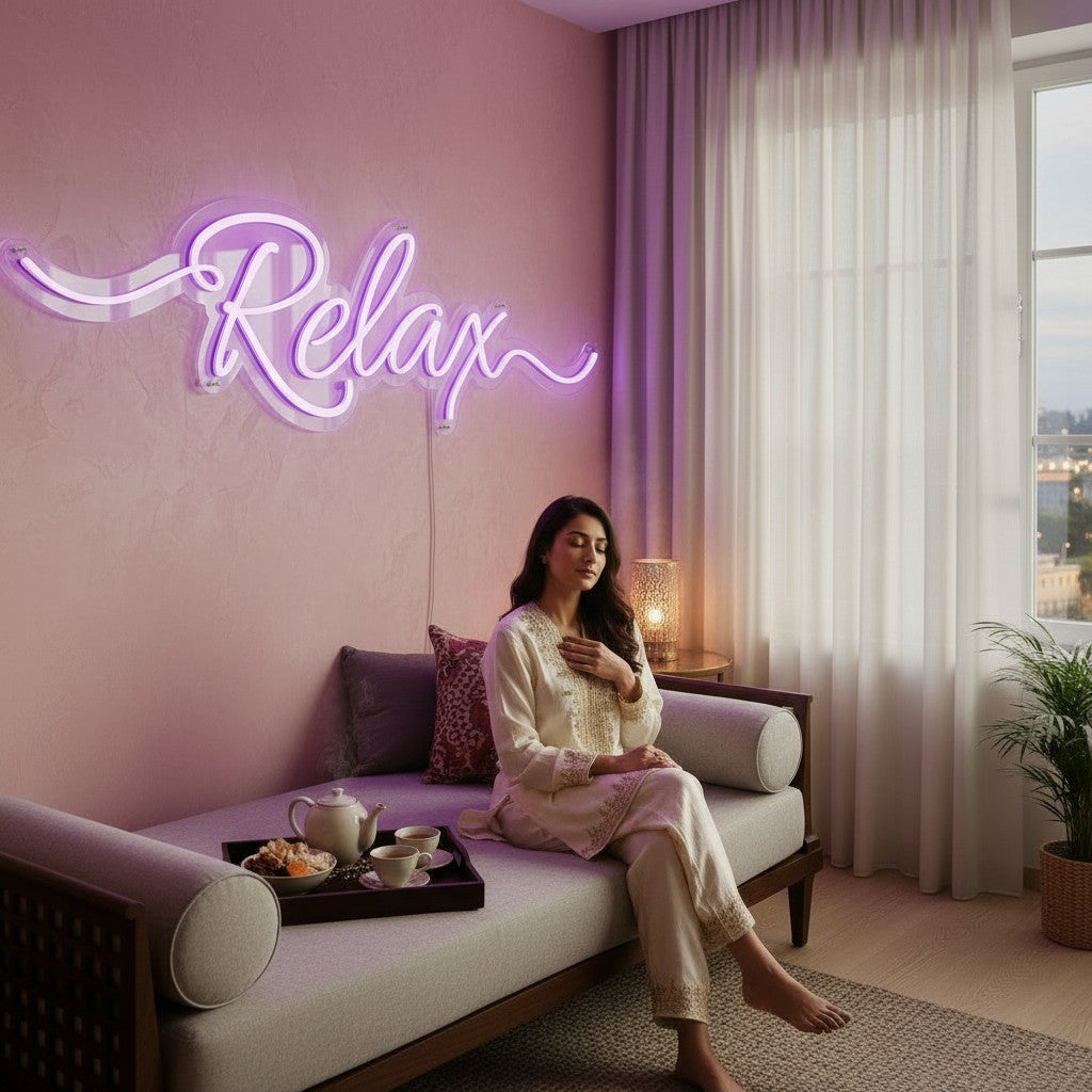 Lux Neon purple neon 'Relax' sign mounted on a pink textured wall above a woman receiving a head massage in a grey recliner.