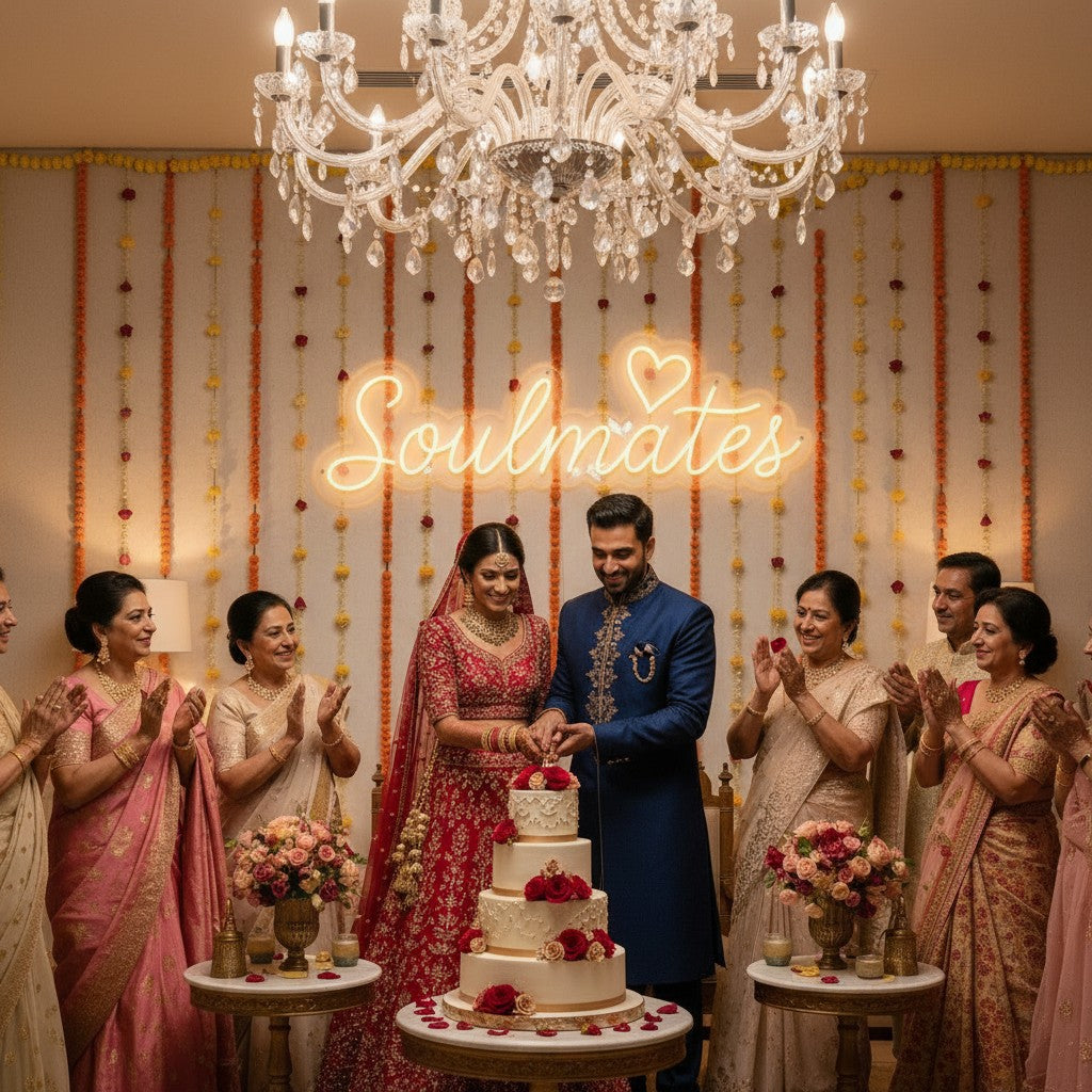 Lux Neon soulmates neon sign with a heart above a couple in traditional Indian wedding attire. Family watches.