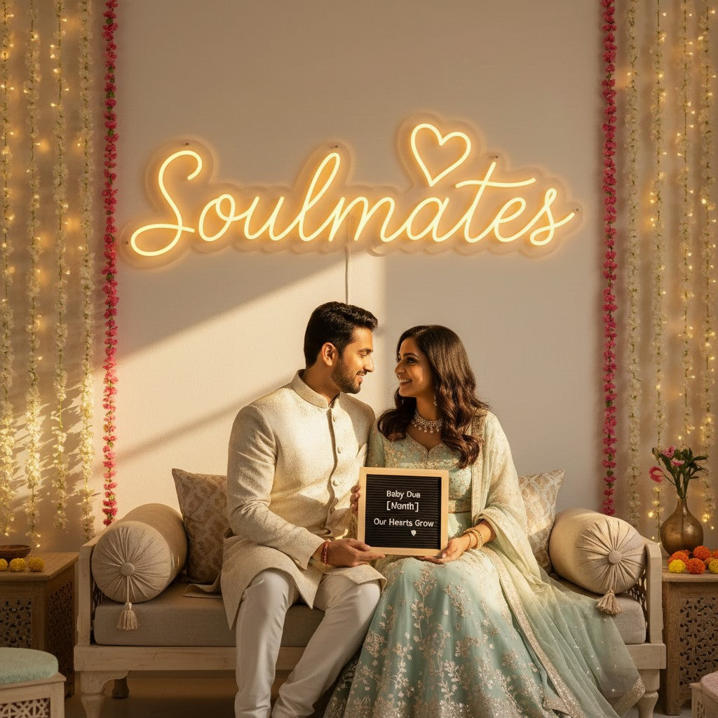 Lux Neon soulmates neon sign with heart detail, warm yellow glow, mounted above a bed.