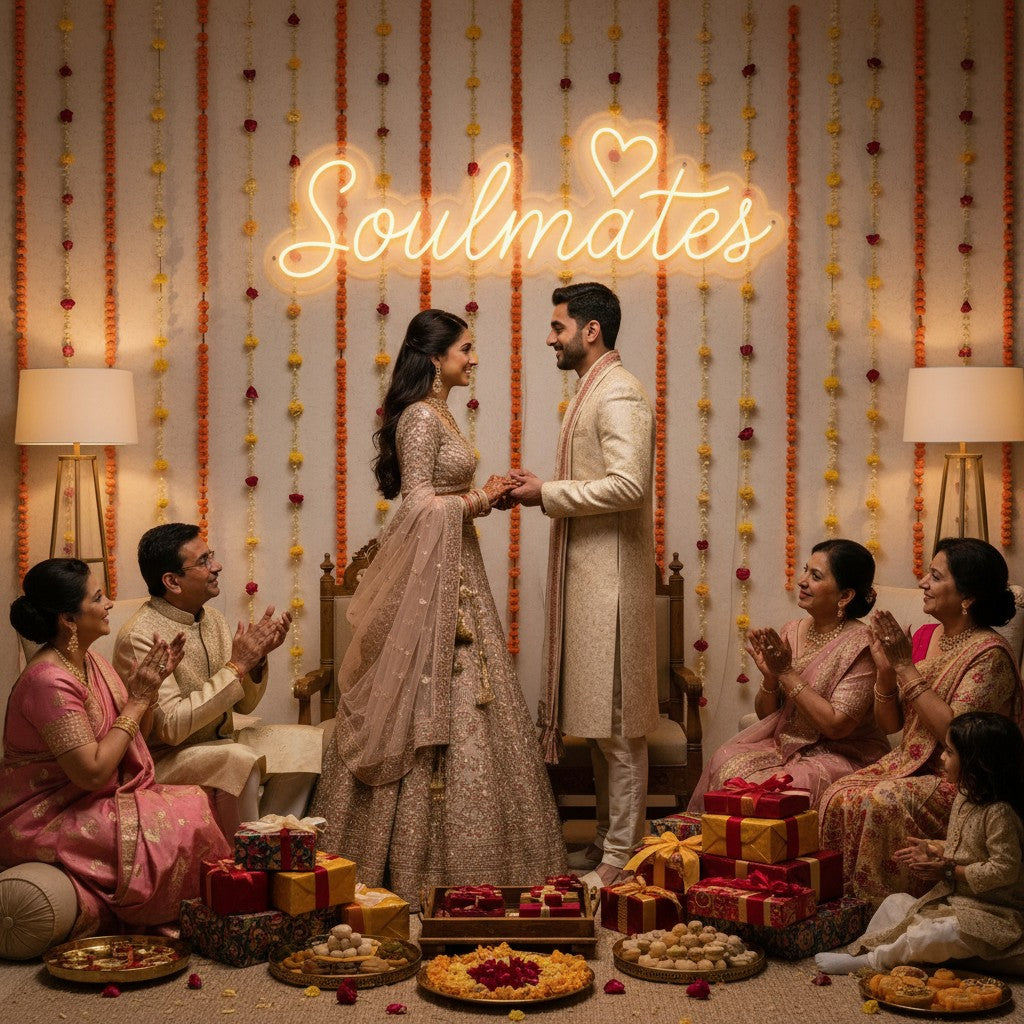 Lux Neon soulmates neon sign with a heart accent, warm yellow glow, mounted on a wall above a bed.