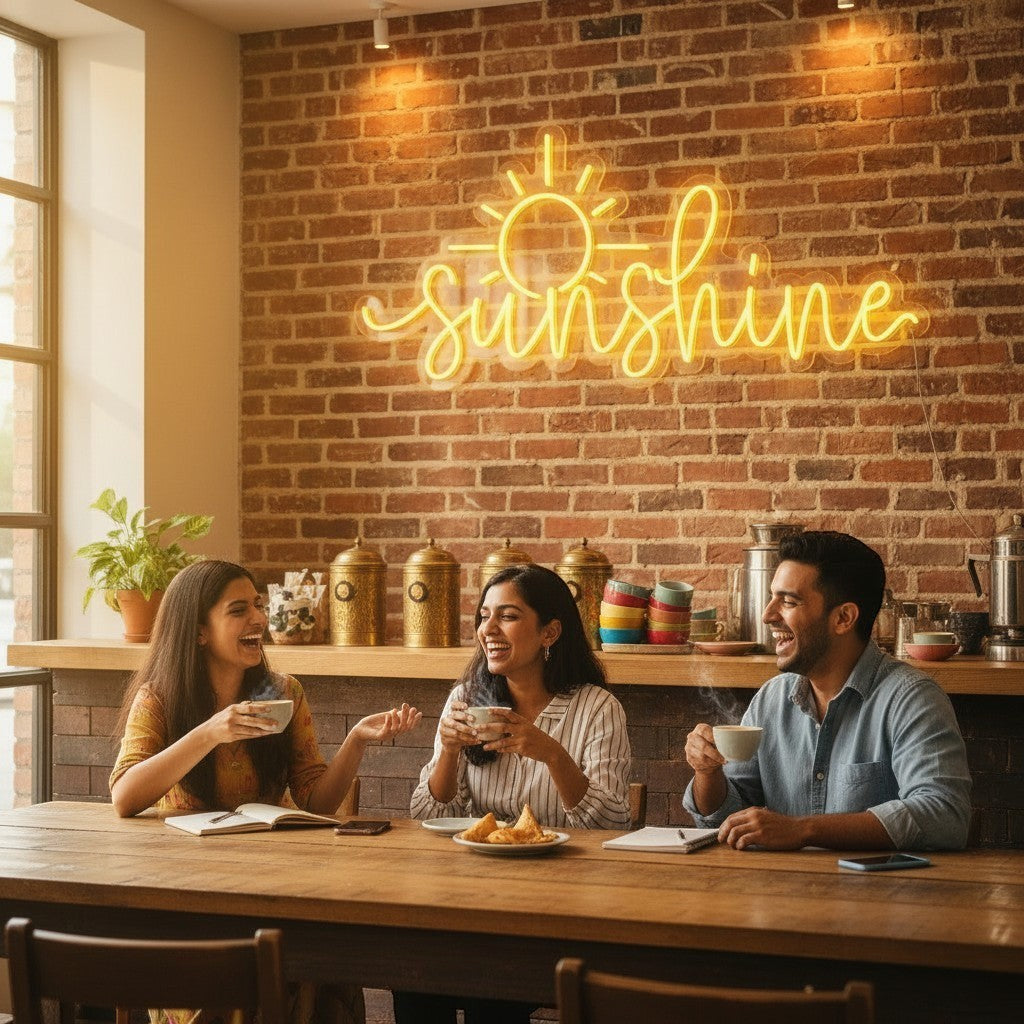 Lux Neon Sunshine neon sign above a family celebrating a birthday with a cake.