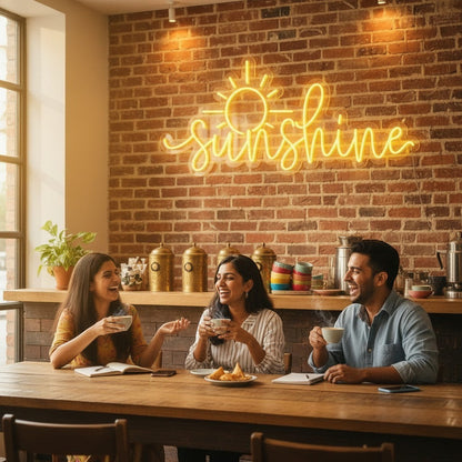 Lux Neon Sunshine neon sign above a family celebrating a birthday with a cake.