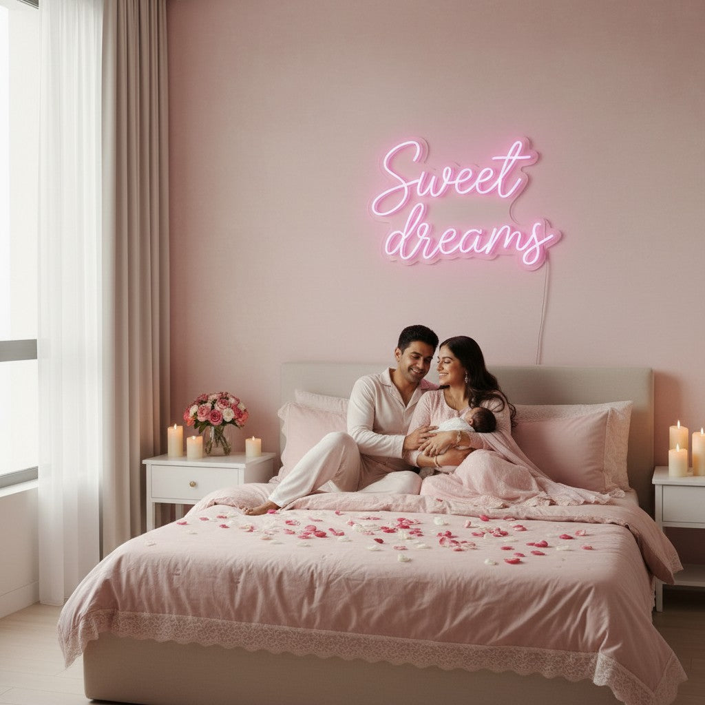 Lux Neon Sweet Dreams neon sign above a baby crib in a pink nursery. Two women in pink dresses hold a newborn.