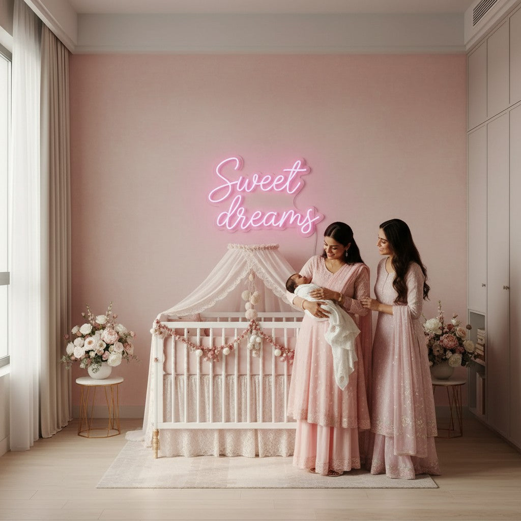 Lux Neon "Sweet Dreams" pink neon sign mounted above a bed in a bedroom.