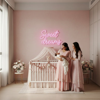 Lux Neon "Sweet Dreams" pink neon sign mounted above a bed in a bedroom.