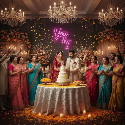Lux Neon You and I neon sign in pink, illuminating a wedding couple and their family.