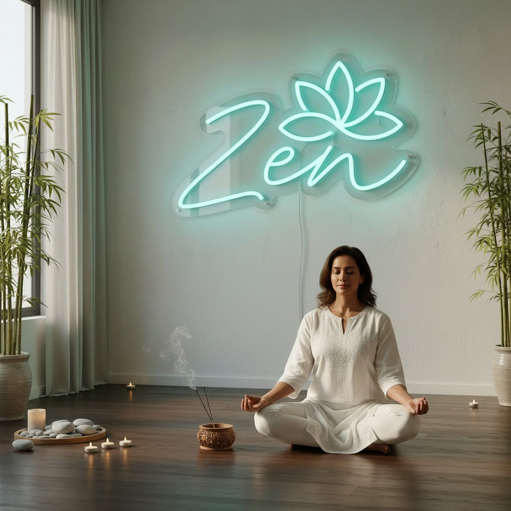 Lux Neon Zen lotus flower neon sign in aqua blue, perfect for bedroom decor.