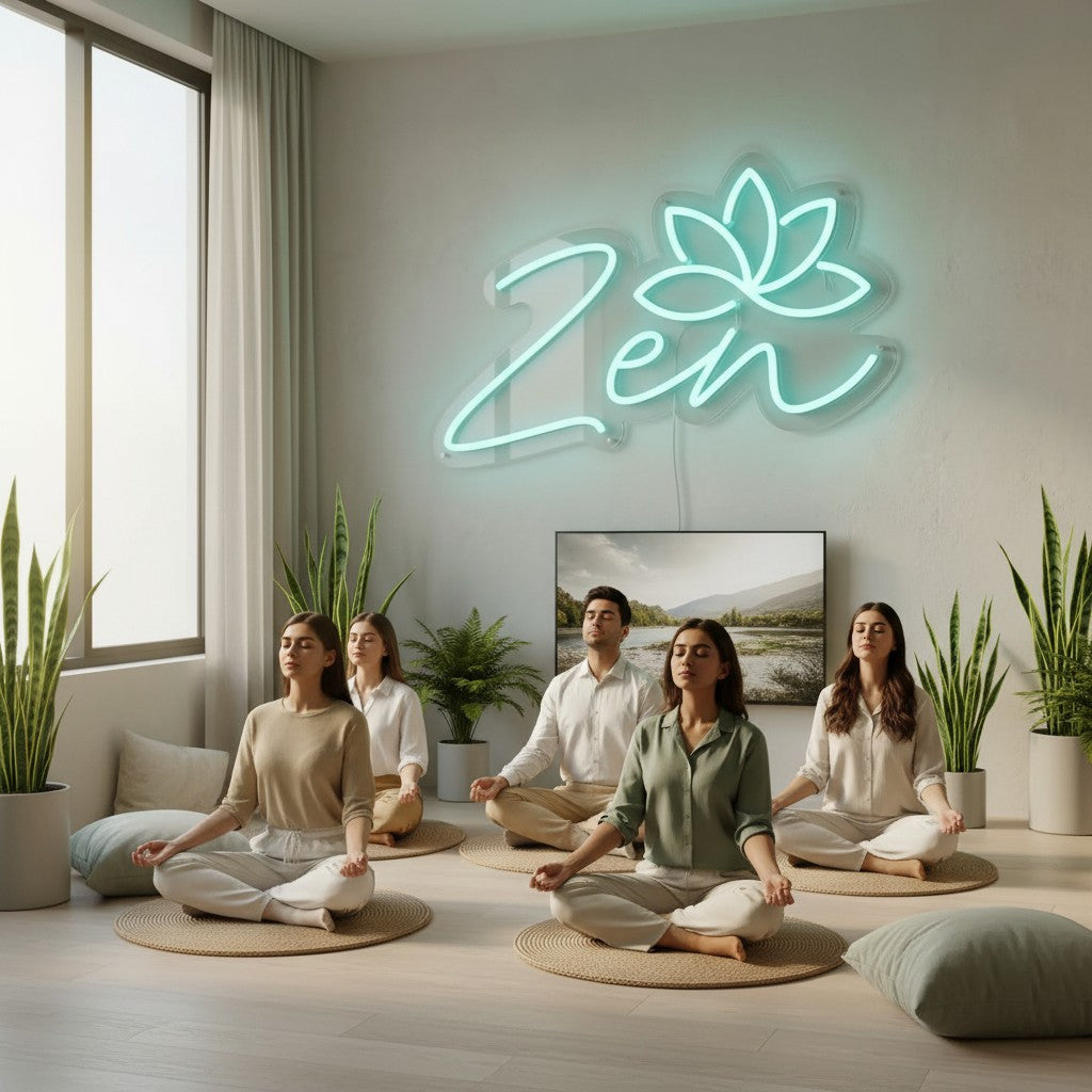 Lux Neon Zen lotus flower neon sign in aqua blue, perfect for bedroom decor.