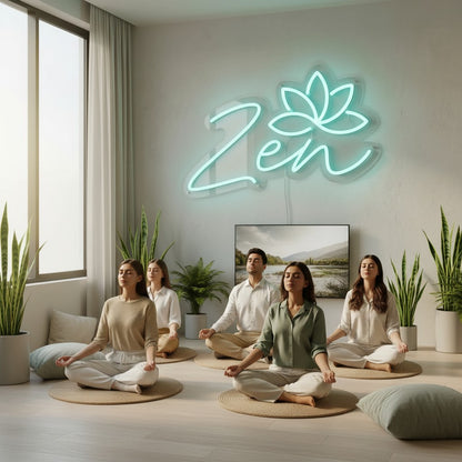 Lux Neon Zen lotus flower neon sign in aqua blue, perfect for bedroom decor.