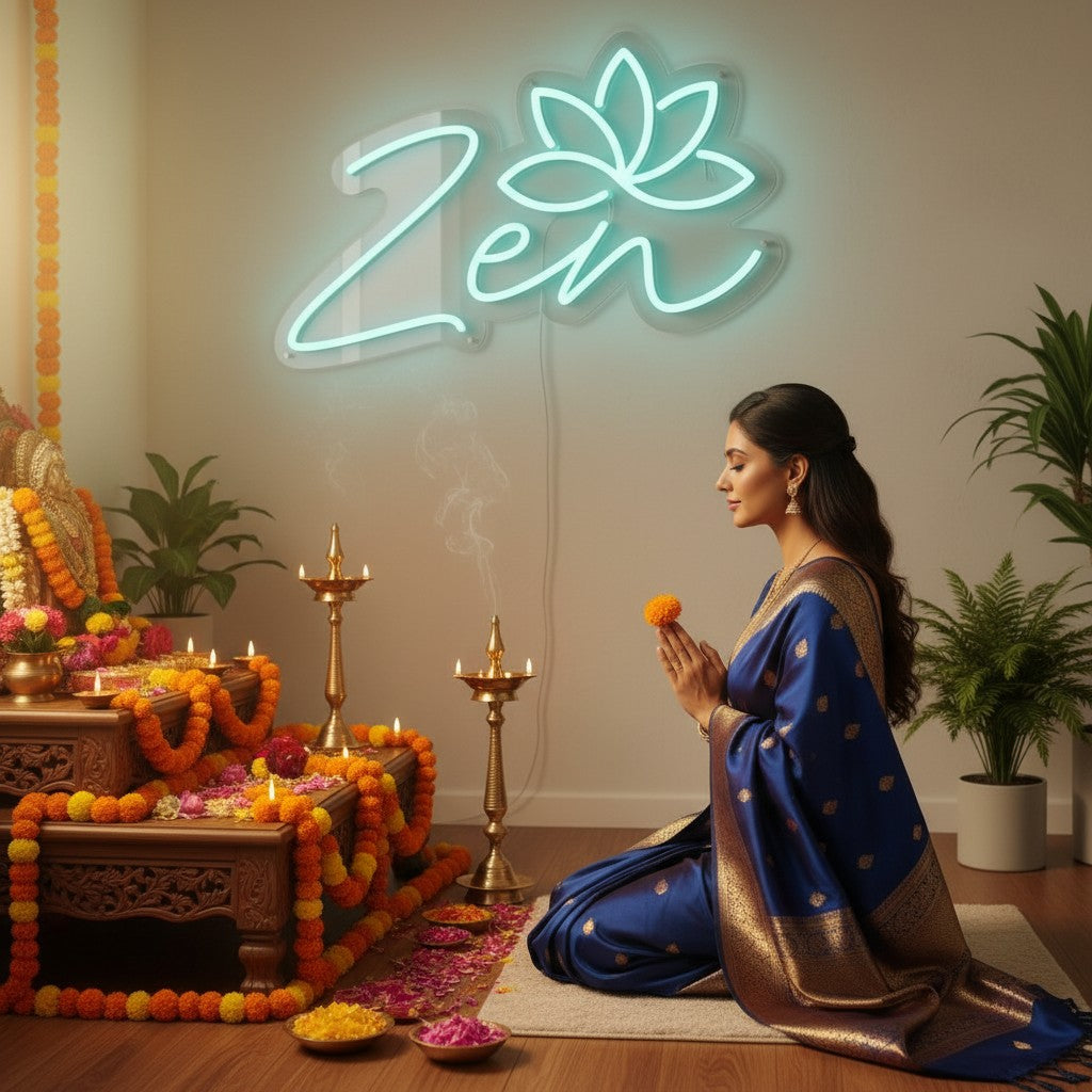 Lux Neon Zen lotus flower neon sign in aqua blue, above people meditating in a serene room.