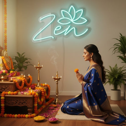 Lux Neon Zen lotus flower neon sign in aqua blue, above people meditating in a serene room.
