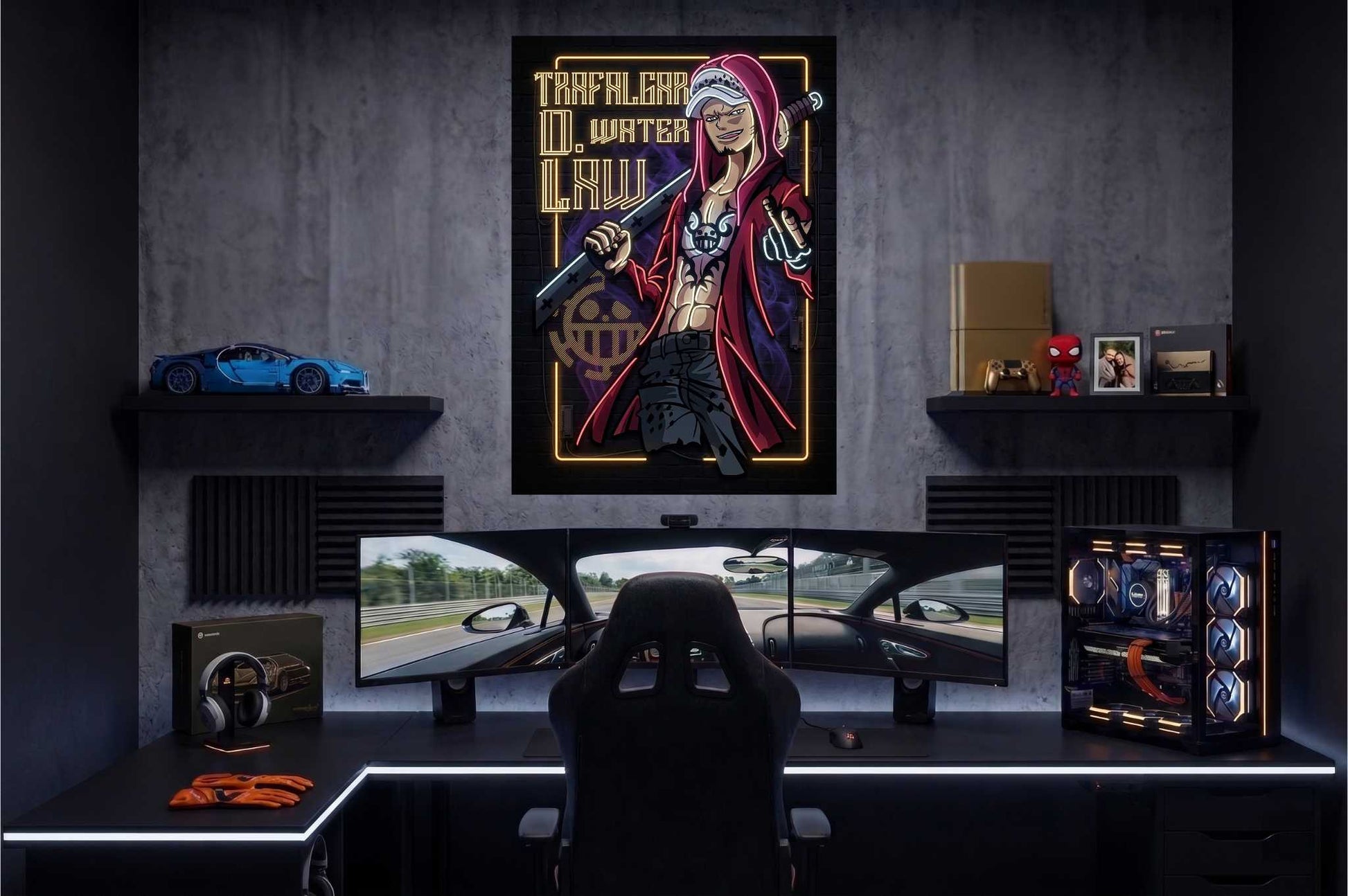 Gaming setup with a large neon sign of a character on the wall, multiple monitors, and gaming chair.