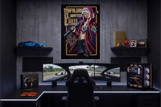 Gaming setup with a large neon sign of a character on the wall, multiple monitors, and gaming chair.